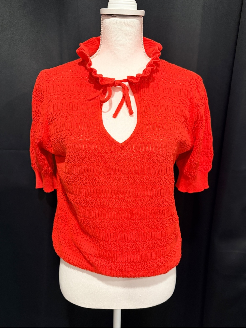 LOFT Red Ruffle Tie-Neck Short Sleeve Sweater (0020)
